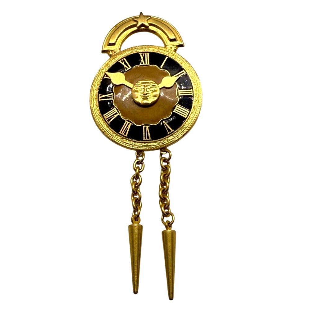 Gold Tone Celestial Clock Face Brooch with Dangles 3.75" Roman Numerals Vintage
